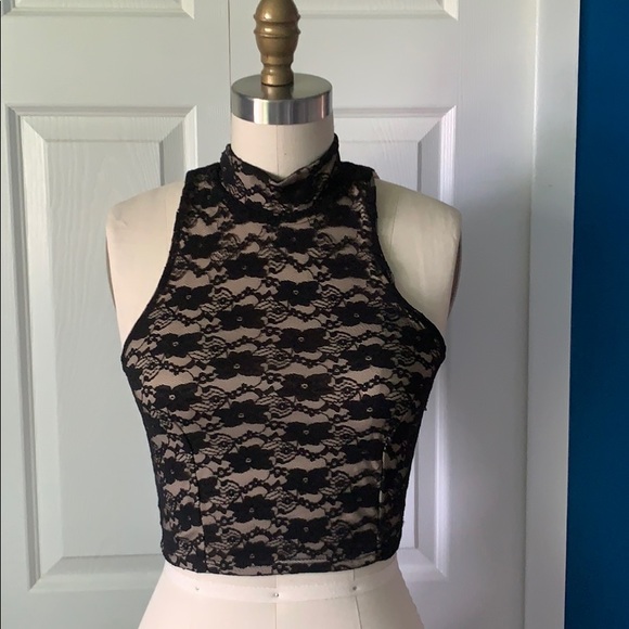 Tobi Tops - Black Lace Crop Top with Neck Detail